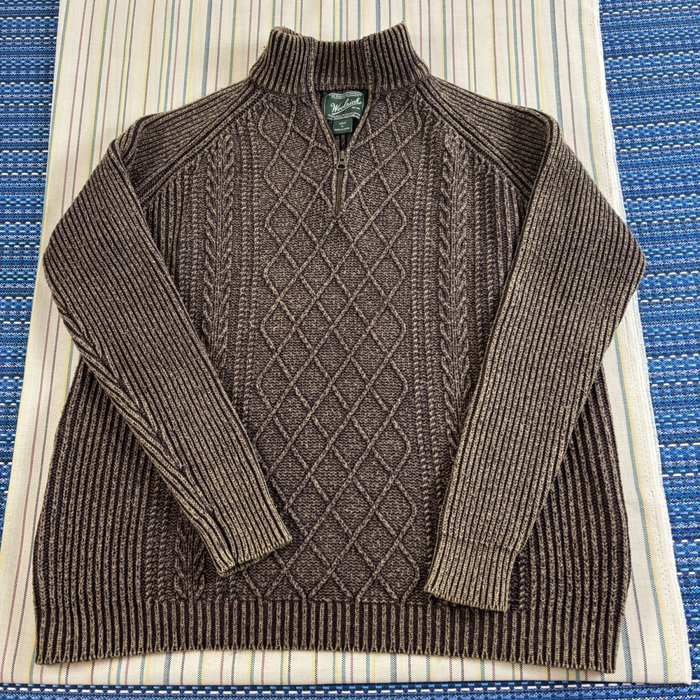 Woolrich Sweater Mens XL Brown Argyle Cable Knit 1/4 Zip Mock Neck Pullover EC